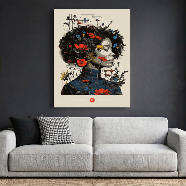 Wadi Home abstract floral portrait wall art print featuring a woman with botanical elements and red flowers in a frame.