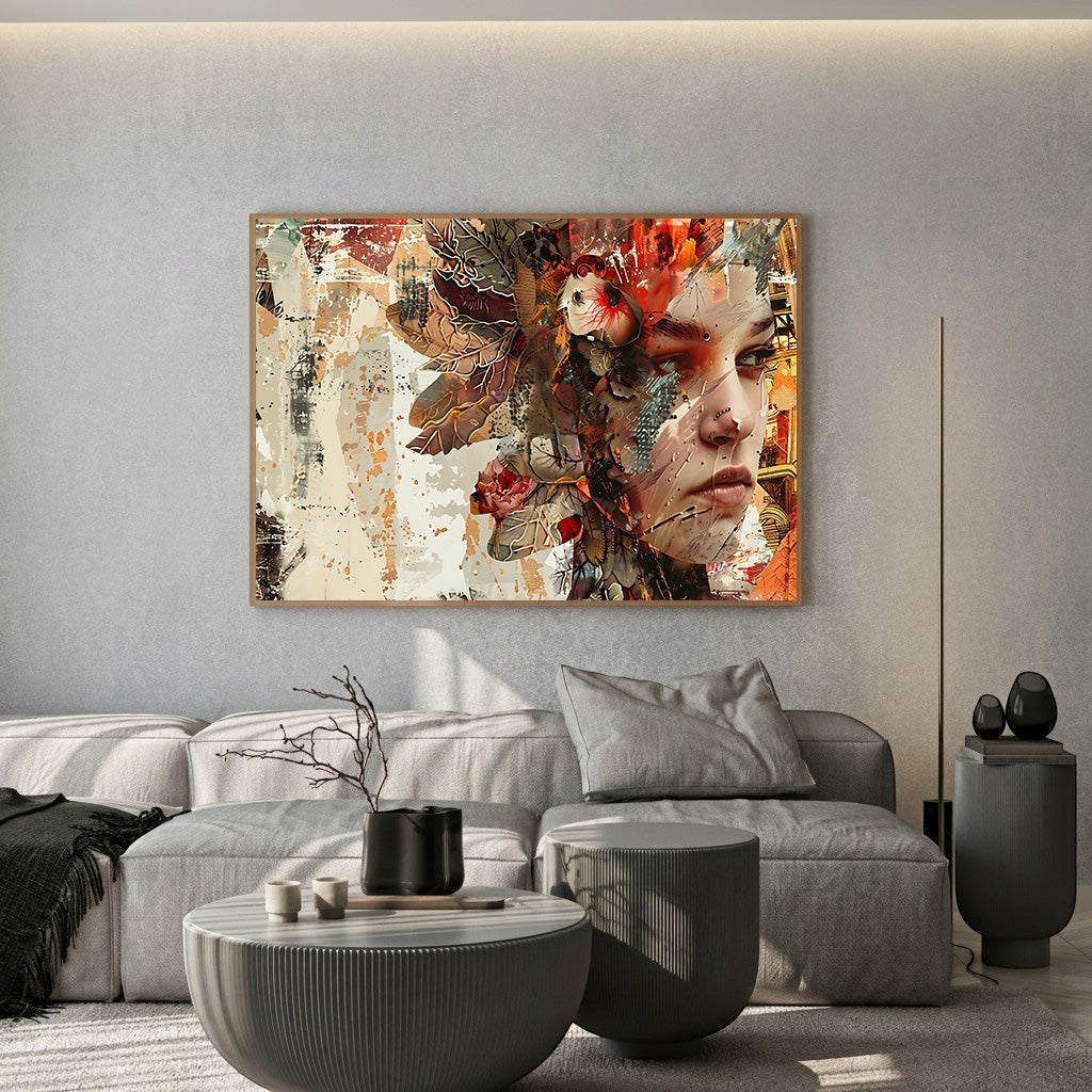 Wadi Home abstract portrait wall art with floral accents in warm, earthy tones and mixed-media texture.