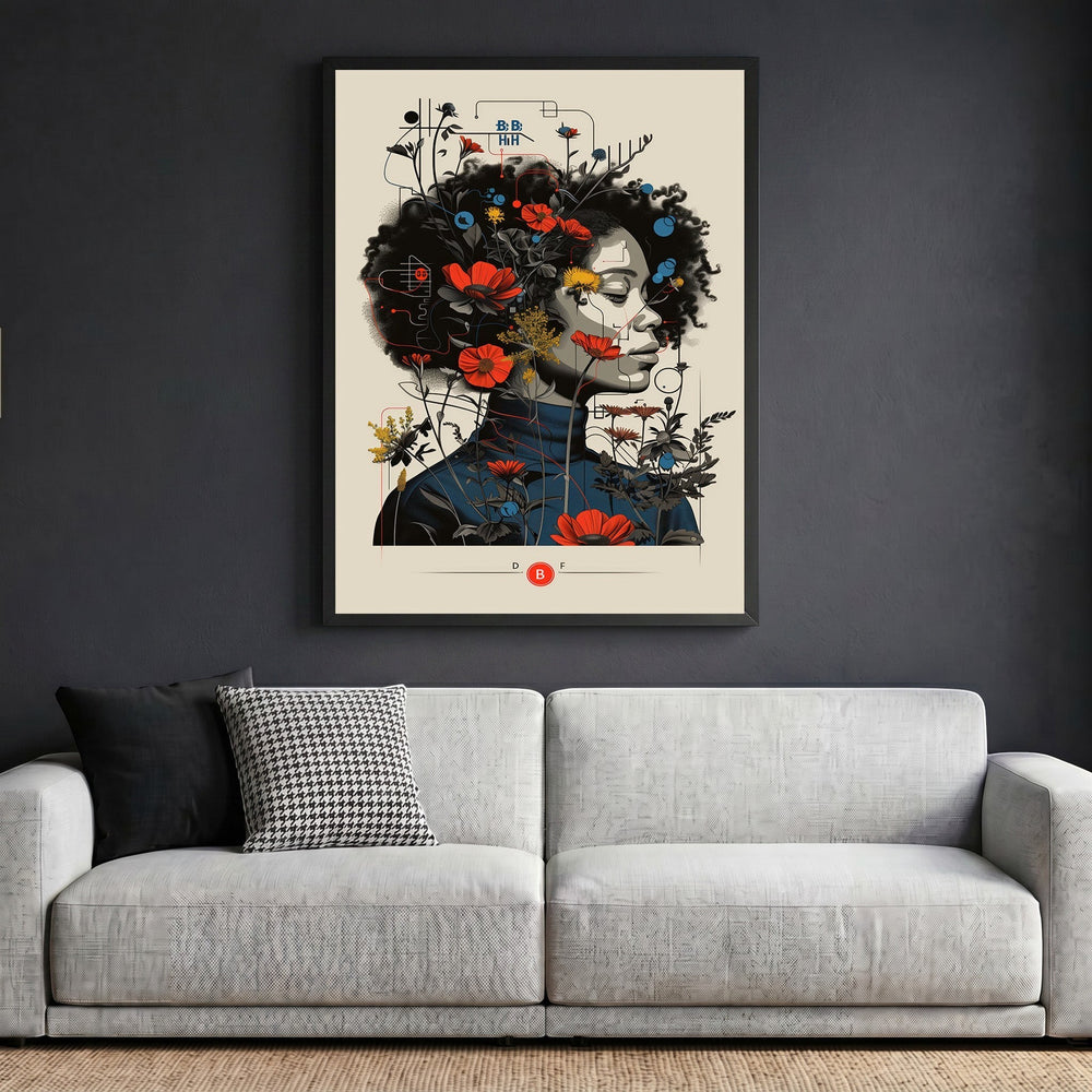 Wadi Home abstract floral portrait wall art print with red flowers and geometric lines in a sleek black frame.