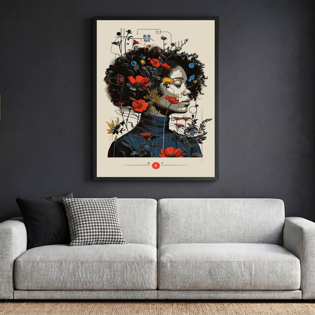 Wadi Home abstract floral portrait wall art print with red flowers and geometric lines in a sleek black frame.