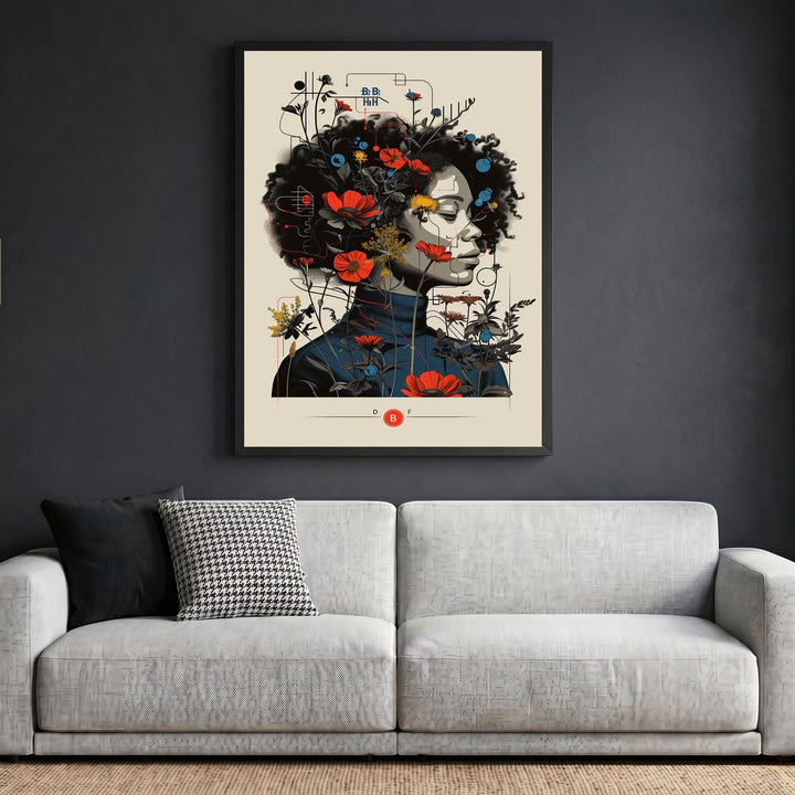 Wadi Home abstract floral portrait wall art print with red flowers and geometric lines in a sleek black frame.