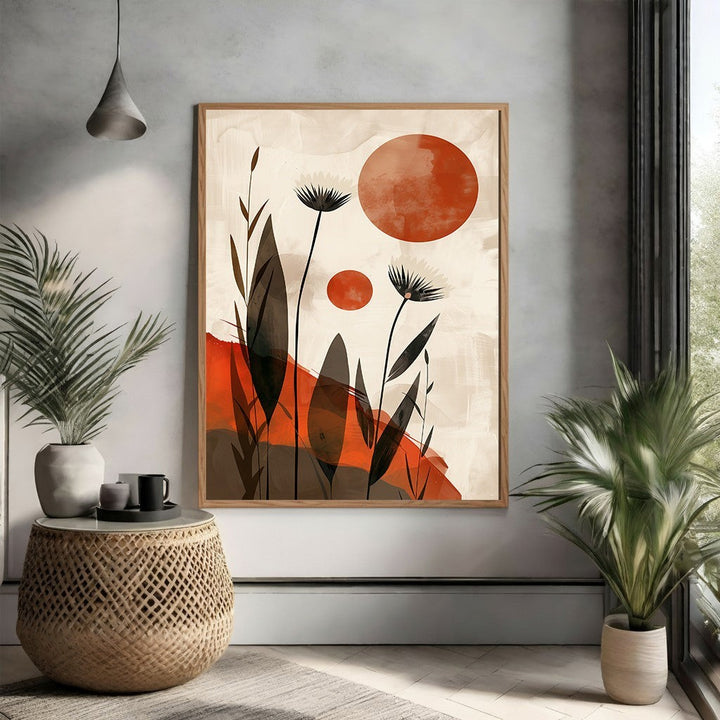 Wadi Home Abstract Floral Sunburst Wall Art with burnt orange circles and minimalist black floral silhouettes on a textured cream background.