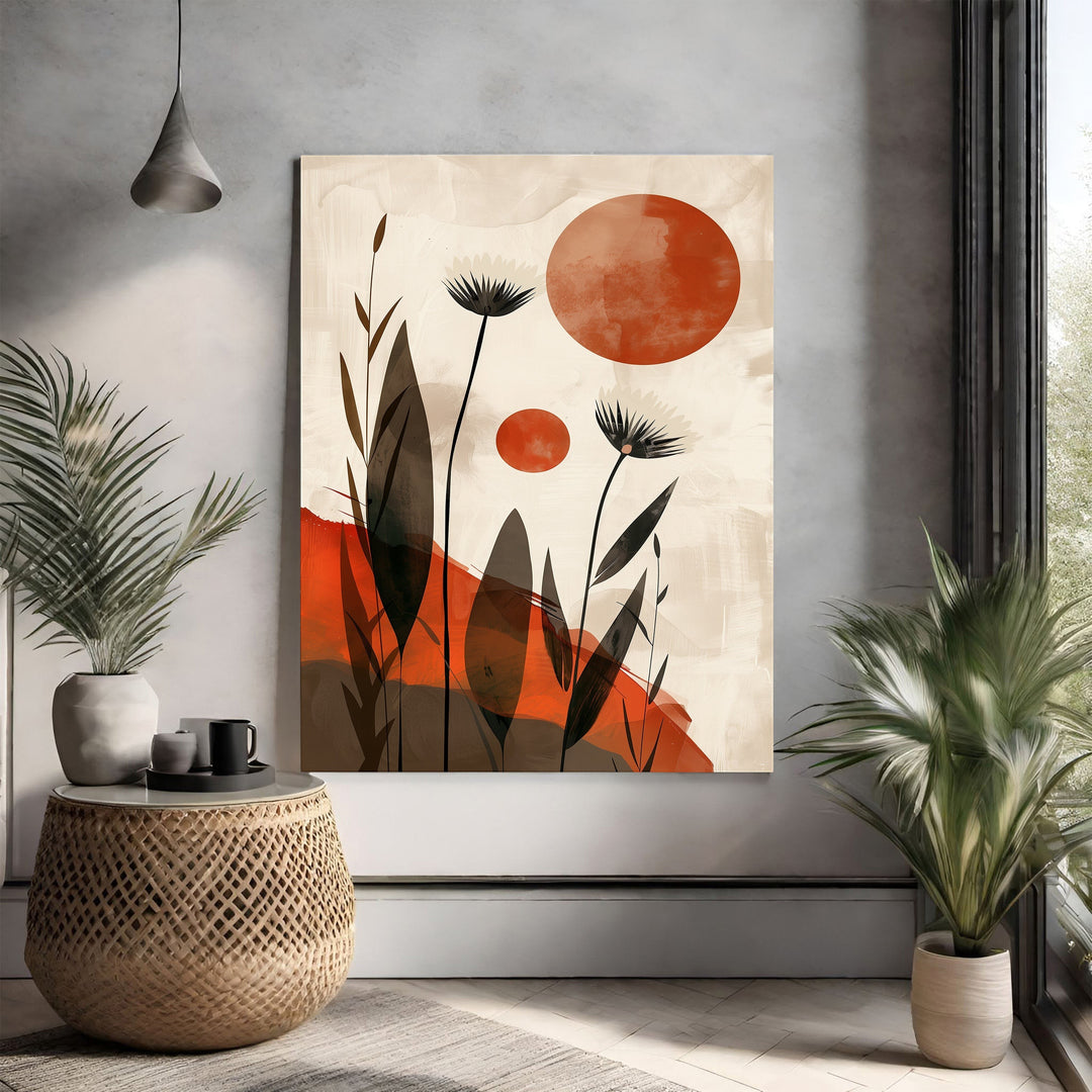 Wadi Home Abstract Floral Sunburst Wall Art with burnt orange circles and minimalist black floral silhouettes on a textured cream background.
