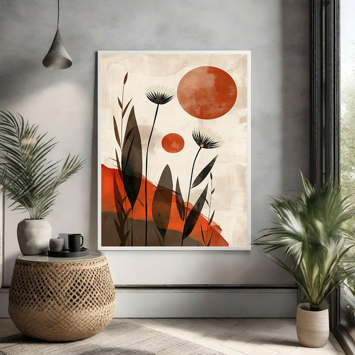 Wadi Home Abstract Floral Sunburst Wall Art with burnt orange circles and minimalist dark floral silhouettes on a textured cream background.