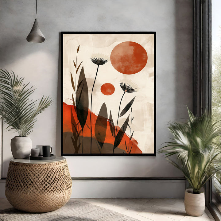 Wadi Home abstract floral sunburst wall art with burnt orange circles and dark floral silhouettes on a textured cream background.