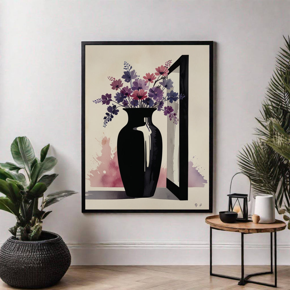 Wadi Home Abstract Floral Vase Wall Art featuring a black vase with purple and pink flowers on a cream background with watercolor splashes.