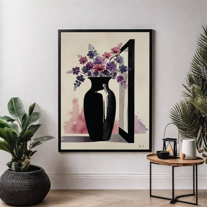 Wadi Home Abstract Floral Vase Wall Art featuring a black vase with purple and pink flowers on a cream background with watercolor splashes.