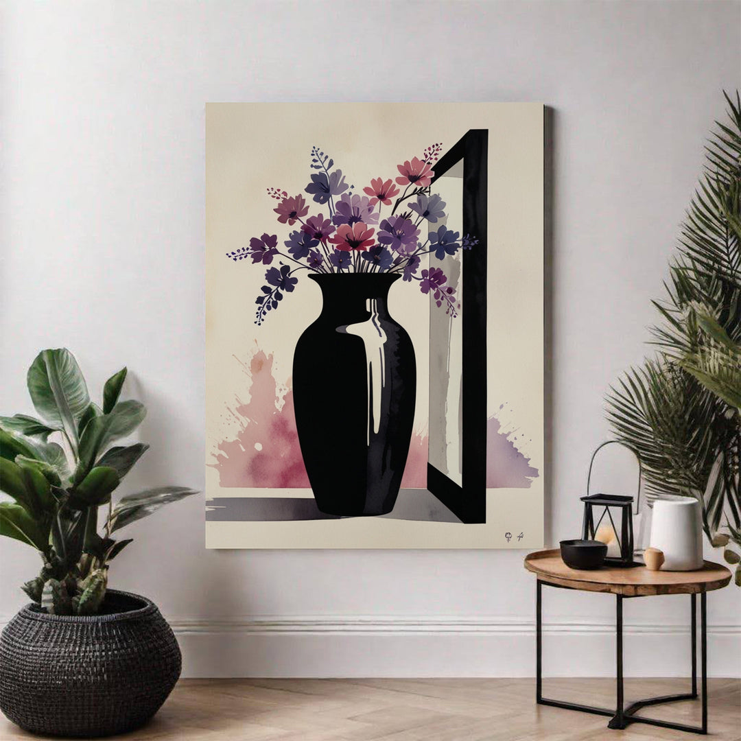 Wadi Home Abstract Floral Vase Wall Art featuring a black vase with purple and pink abstract flowers on a watercolor background.