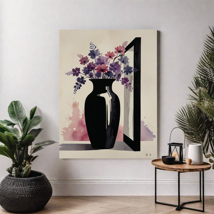 Wadi Home Abstract Floral Vase Wall Art featuring a black vase with purple and pink abstract flowers on a watercolor background.