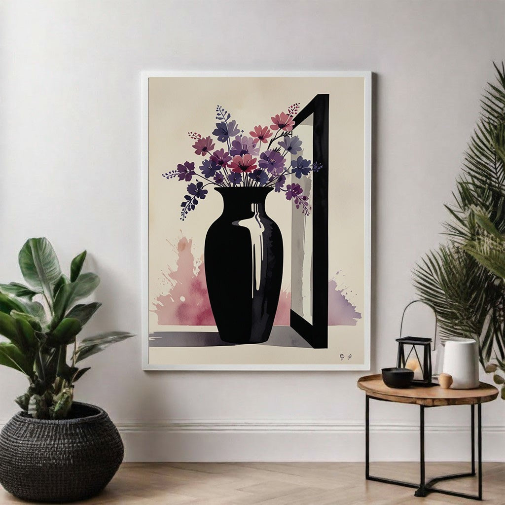 Wadi Home Abstract Floral Vase Wall Art: Black vase with purple and pink abstract flowers, watercolor background, framed print.
