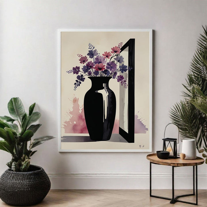 Wadi Home Abstract Floral Vase Wall Art: Black vase with purple and pink abstract flowers, watercolor background, framed print.