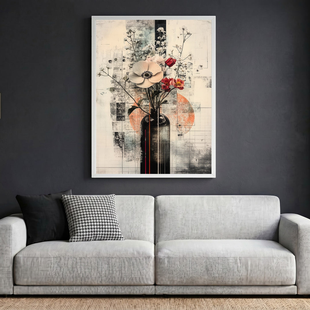 Wadi Home abstract floral vase framed wall art print displayed above a modern grey sofa in a contemporary living room.