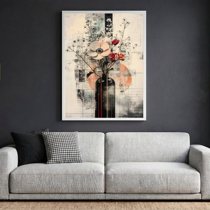 Wadi Home abstract floral vase framed wall art print displayed above a modern grey sofa in a contemporary living room.