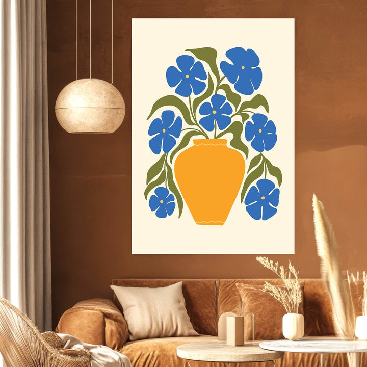 Wadi Home abstract floral wall art print featuring a yellow vase with blue flowers on a warm brown living room wall.