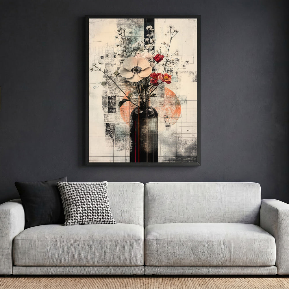 Wadi Home abstract floral vase framed wall art print hanging above a modern grey sofa in a contemporary living room.
