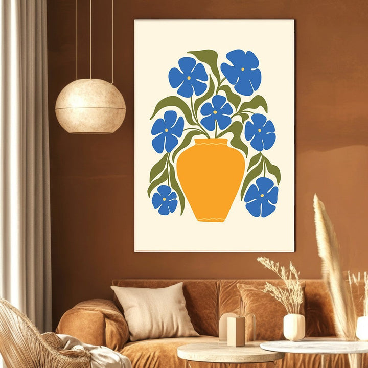 Wadi Home abstract floral vase wall art print with blue flowers and yellow vase displayed in a modern living room.