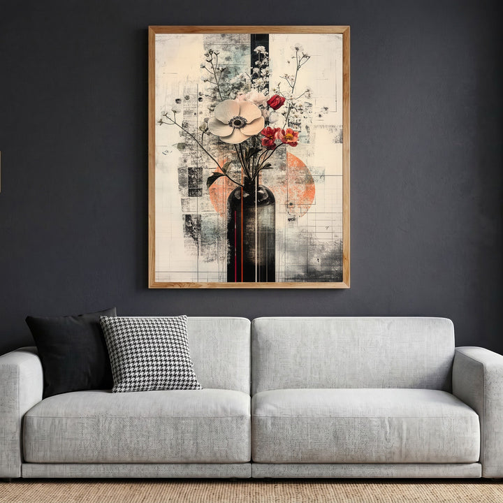 Wadi Home abstract floral vase framed wall art print with neutral tones and geometric accents above a grey sofa.