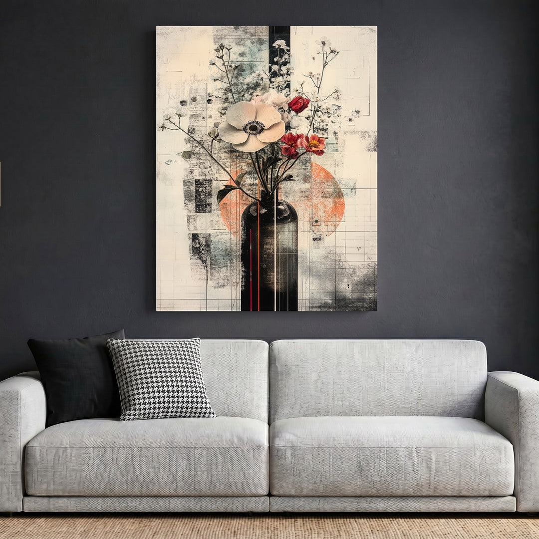 Wadi Home abstract floral vase framed wall art print hanging above a modern grey sofa in a contemporary living room.