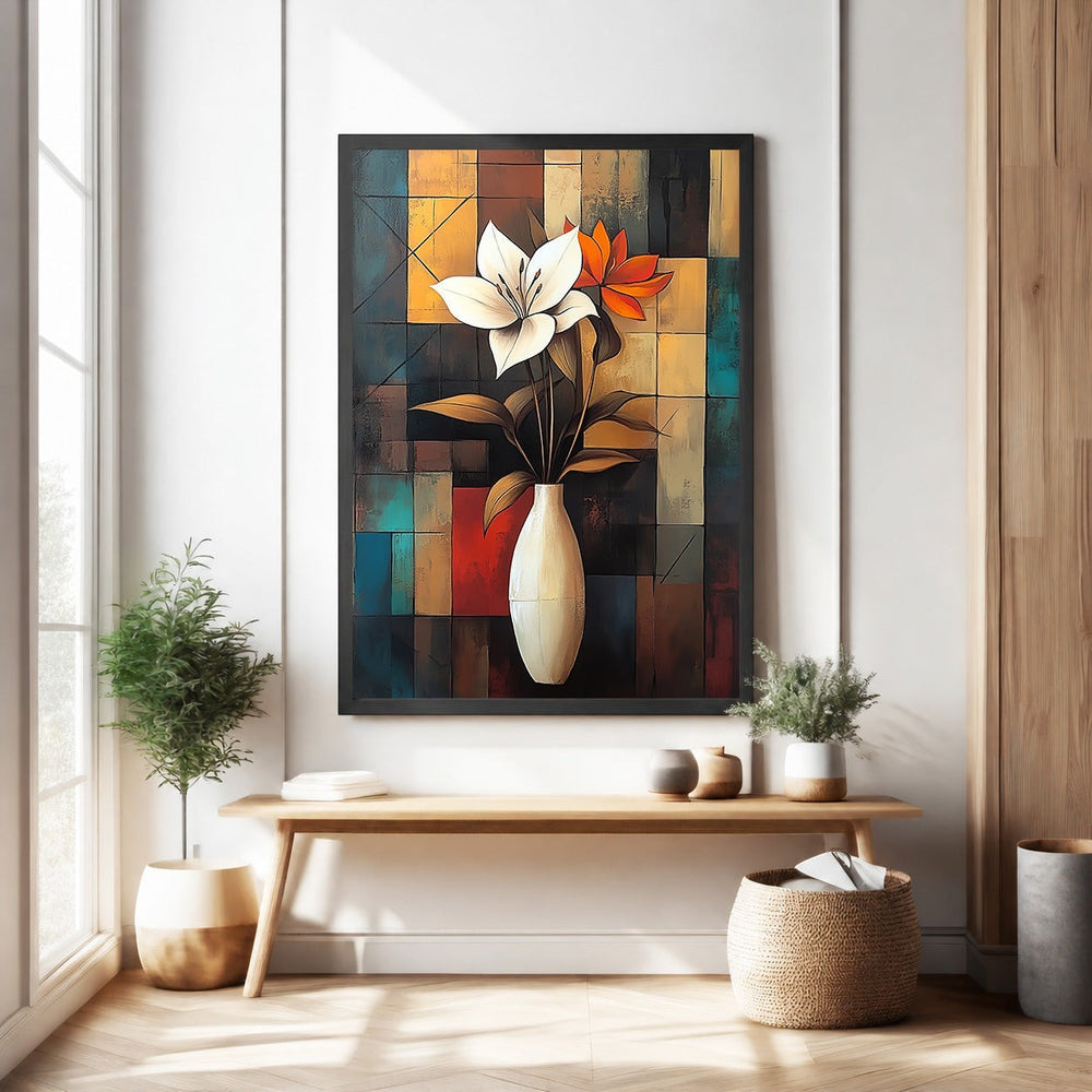 Wadi Home abstract floral wall art featuring a white lily and orange bloom in a minimalist vase against a geometric background.