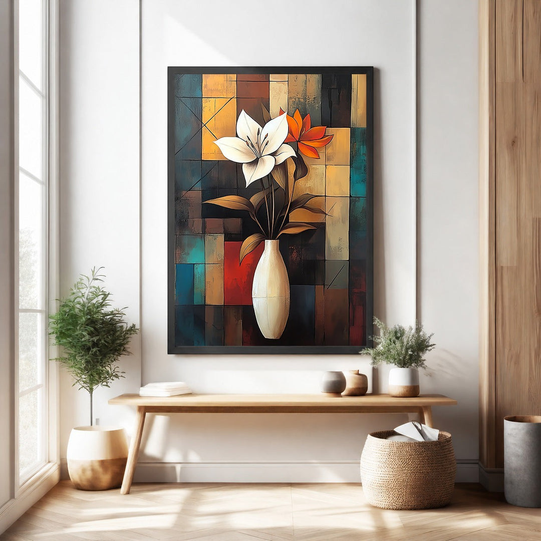 Wadi Home abstract floral wall art featuring a white lily and orange bloom in a minimalist vase against a geometric background.