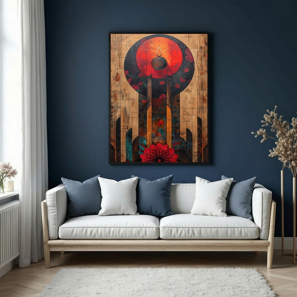 Wadi Home abstract floral motif wall art with red, orange, and blue colors on a wood-like background.