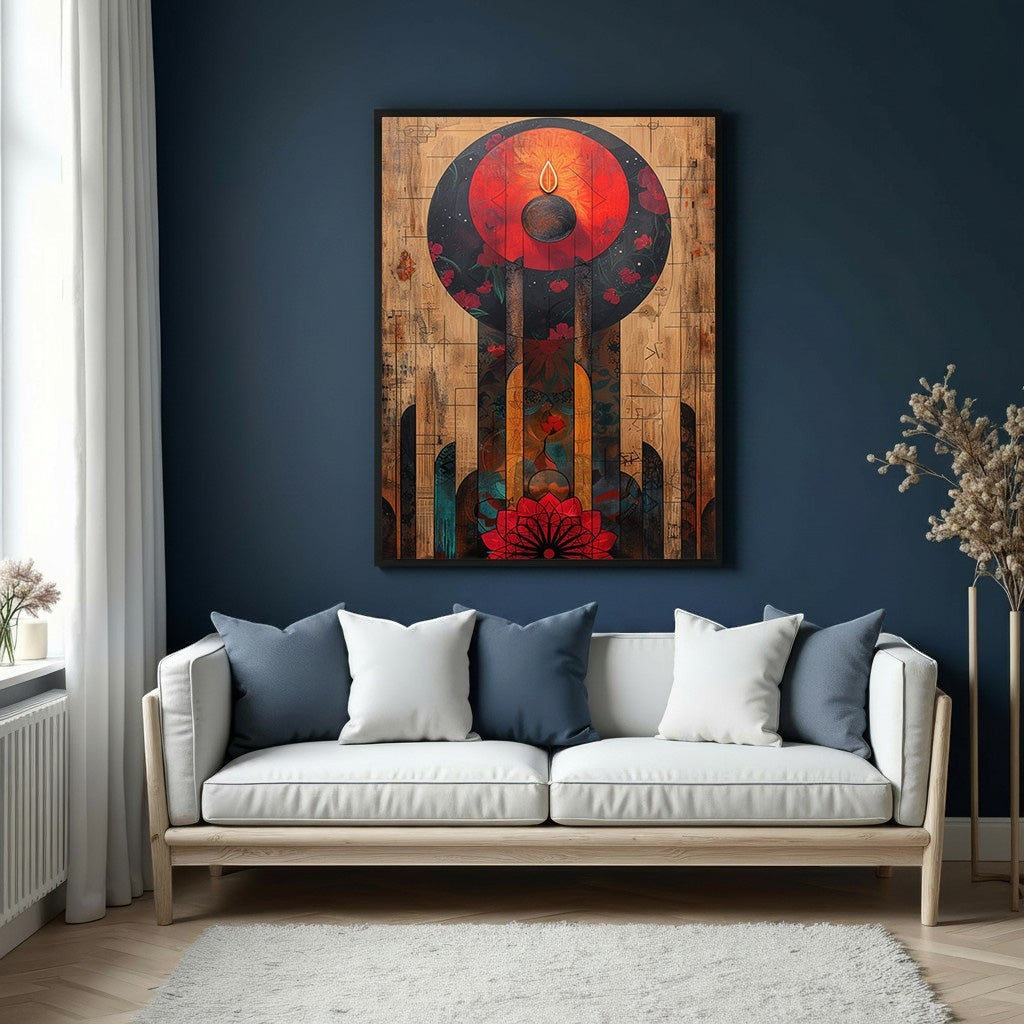 Wadi Home abstract floral motif wall art with red, orange, and blue colors on a wood-like background.