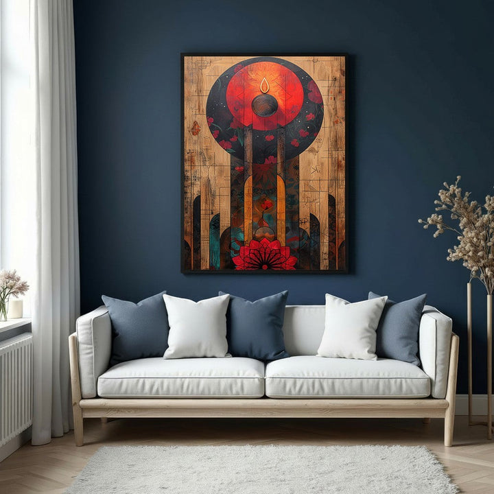 Wadi Home abstract floral motif wall art with red, orange, and blue colors on a wood-like background.