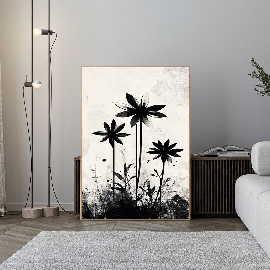 Wadi Home abstract floral silhouette wall art, black graphic flowers on textured neutral background, modern minimalist design.