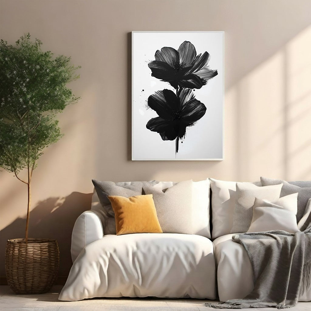 Wadi Home abstract black floral wall art with bold brushstrokes on white background, modern minimalist design.