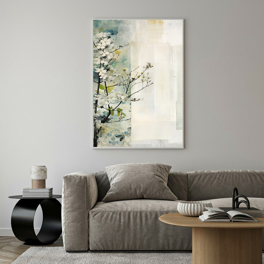 Wadi Home abstract floral branch wall art with white blossoms on textured mixed-media background in blues, creams, and yellows.
