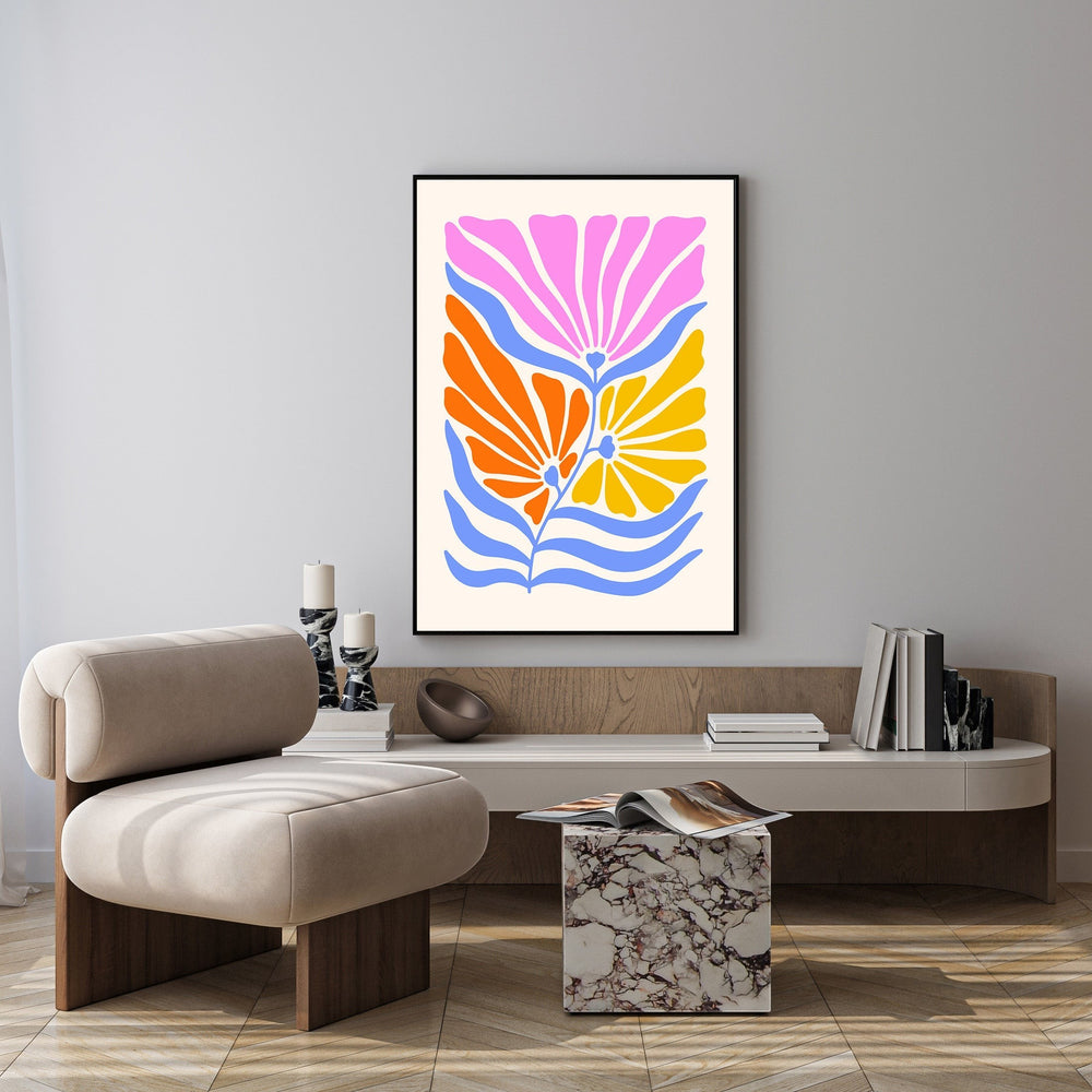 Wadi Home abstract floral botanical wall art with pink, orange, yellow flowers and blue wavy accents on cream background.
