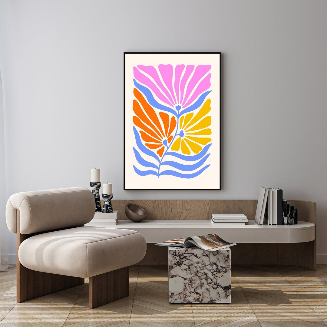 Wadi Home abstract floral botanical wall art with pink, orange, yellow flowers and blue wavy accents on cream background.