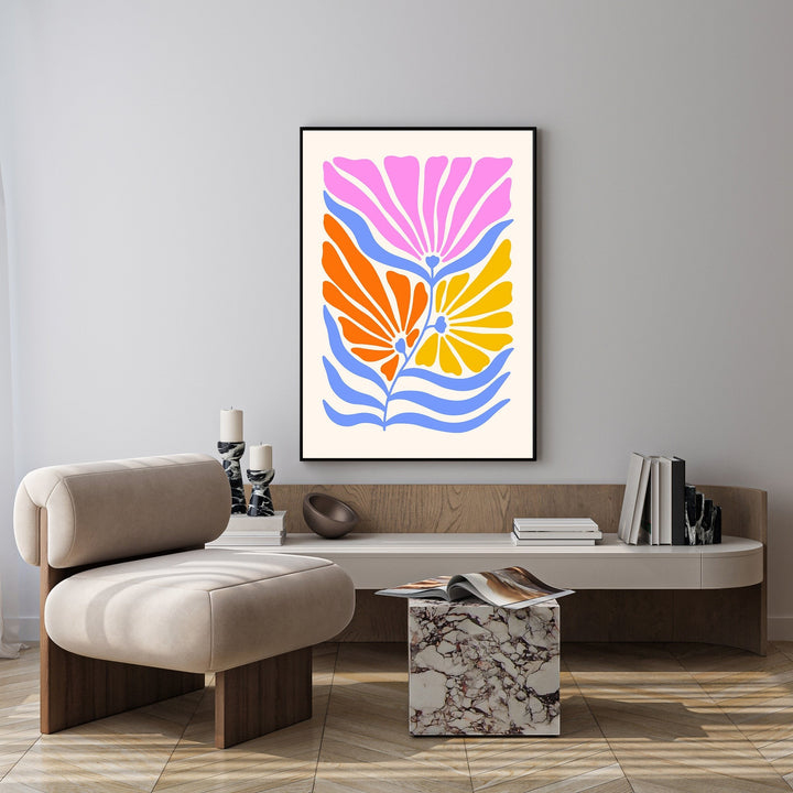 Wadi Home abstract floral botanical wall art with pink, orange, yellow flowers and blue wavy accents on cream background.