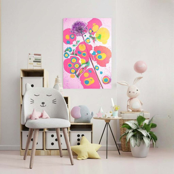 Wadi Home abstract floral wall art with pink, yellow, and blue hues. Features a purple allium flower and energetic floral shapes on a pink background.