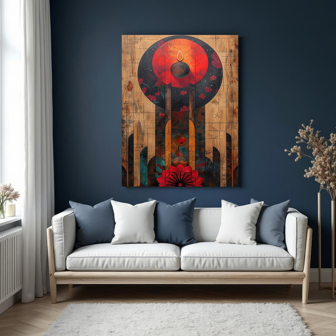 Wadi Home abstract floral wall art with red, orange, and blue hues on a wood-like background.