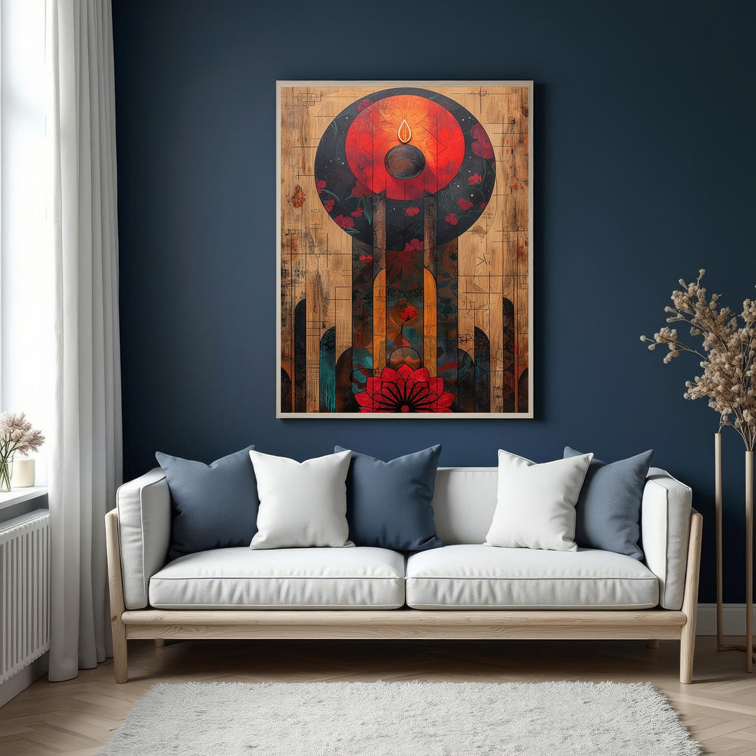 Wadi Home abstract floral wall art with red, orange, and blue circular design on wood-like background.