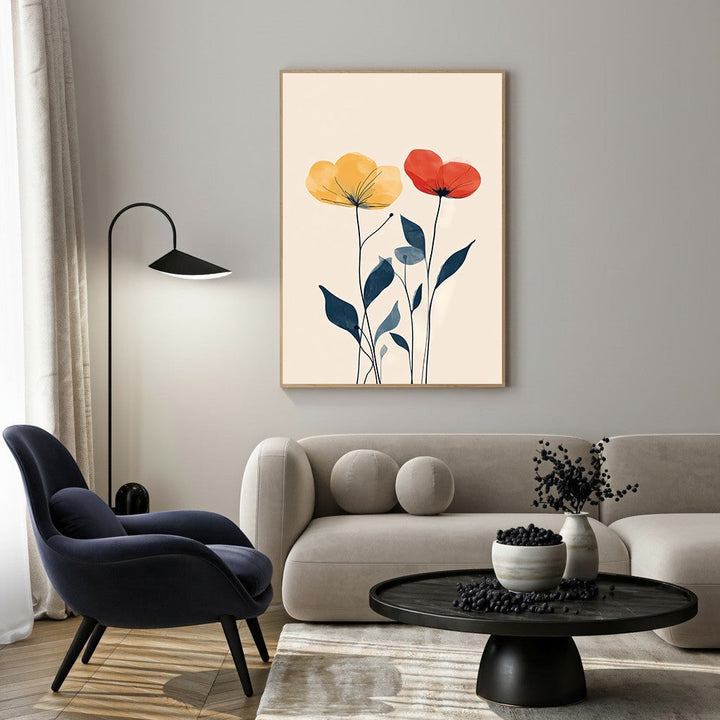 Wadi Home abstract floral wall art with yellow and red flowers and blue leaves on a cream background.