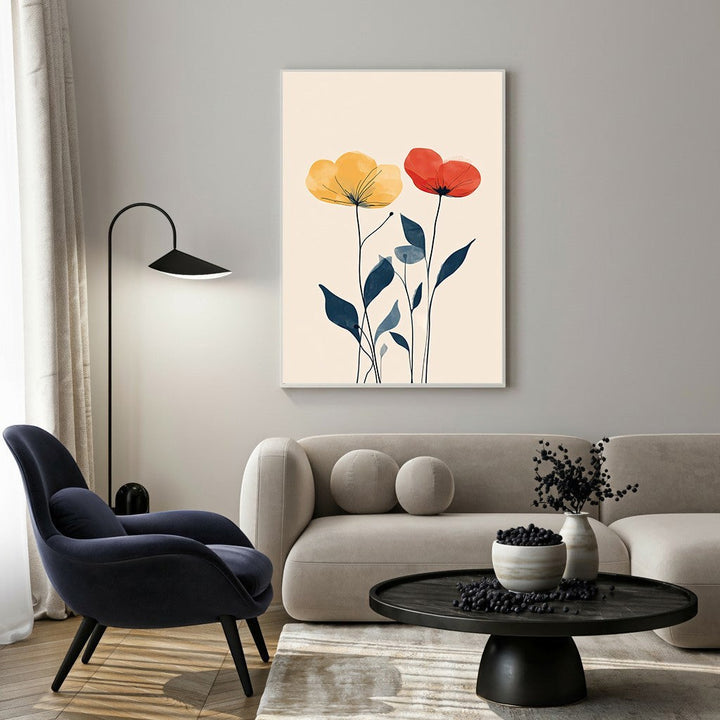 Wadi Home abstract floral wall art with yellow and red flowers and blue leaves on a cream background.