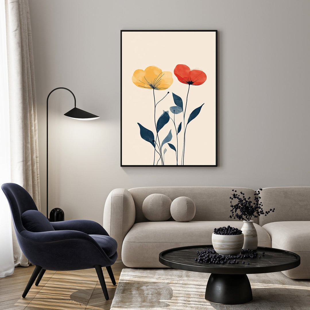 Wadi Home abstract floral wall art with yellow and red flowers and blue leaves on a cream background.