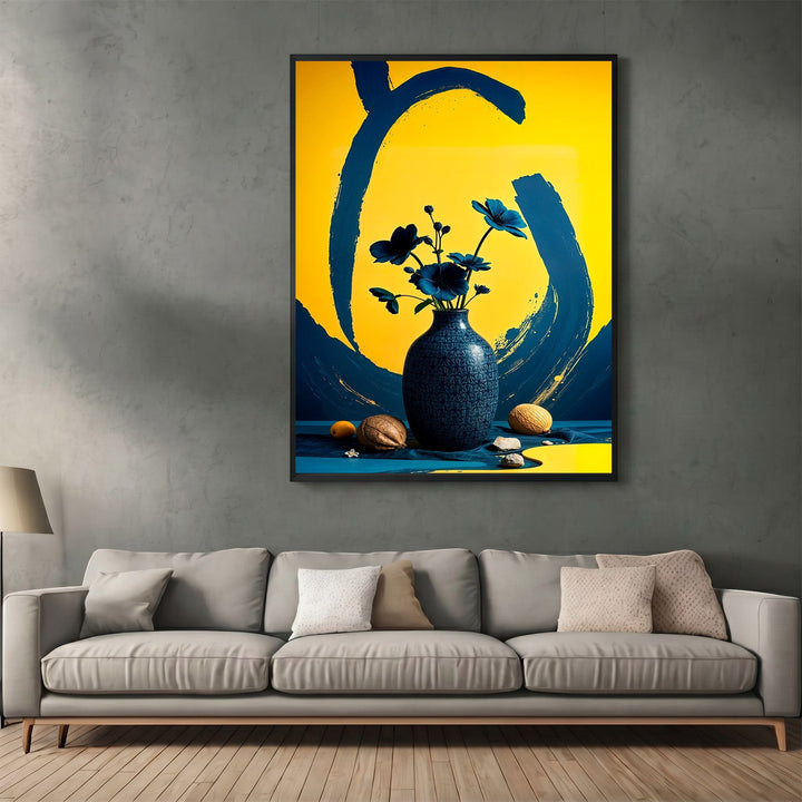 Wadi Home abstract floral still life wall art print with navy blue vase and flowers on a vibrant yellow background.