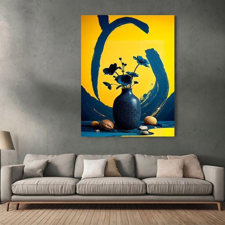 Wadi Home abstract floral still life wall art featuring a navy blue vase on a vibrant yellow background in a living room