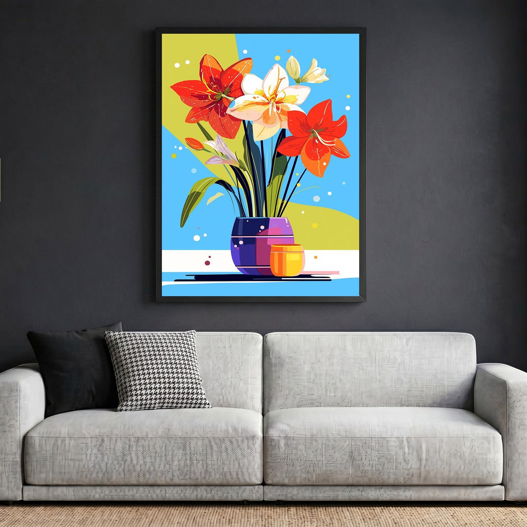 Wadi Home abstract floral still life wall art print featuring stylized lilies in a vase on a modern geometric background.