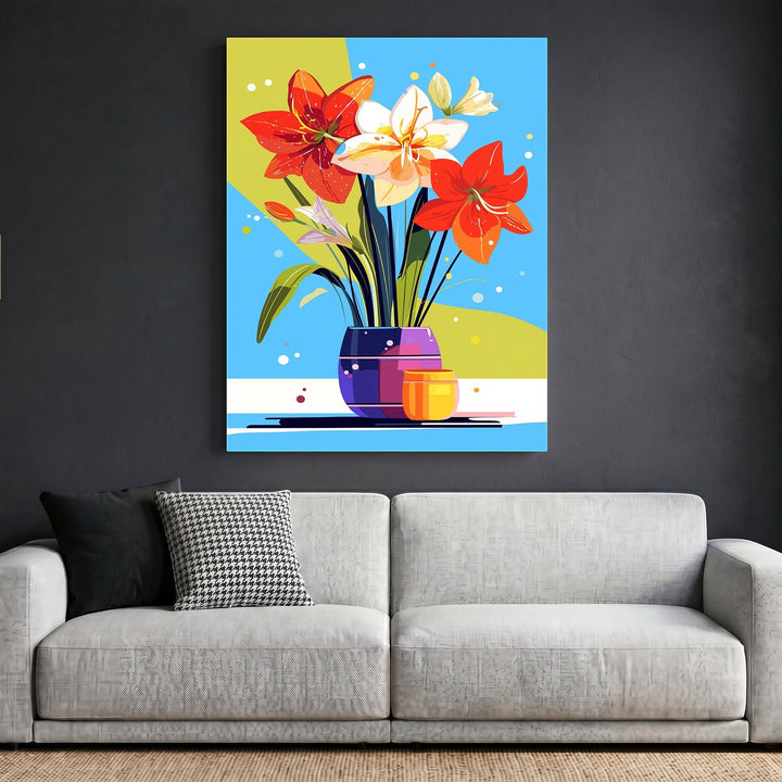 Wadi Home abstract floral wall art print featuring stylized lilies in a vase on a grey wall above a modern sofa.