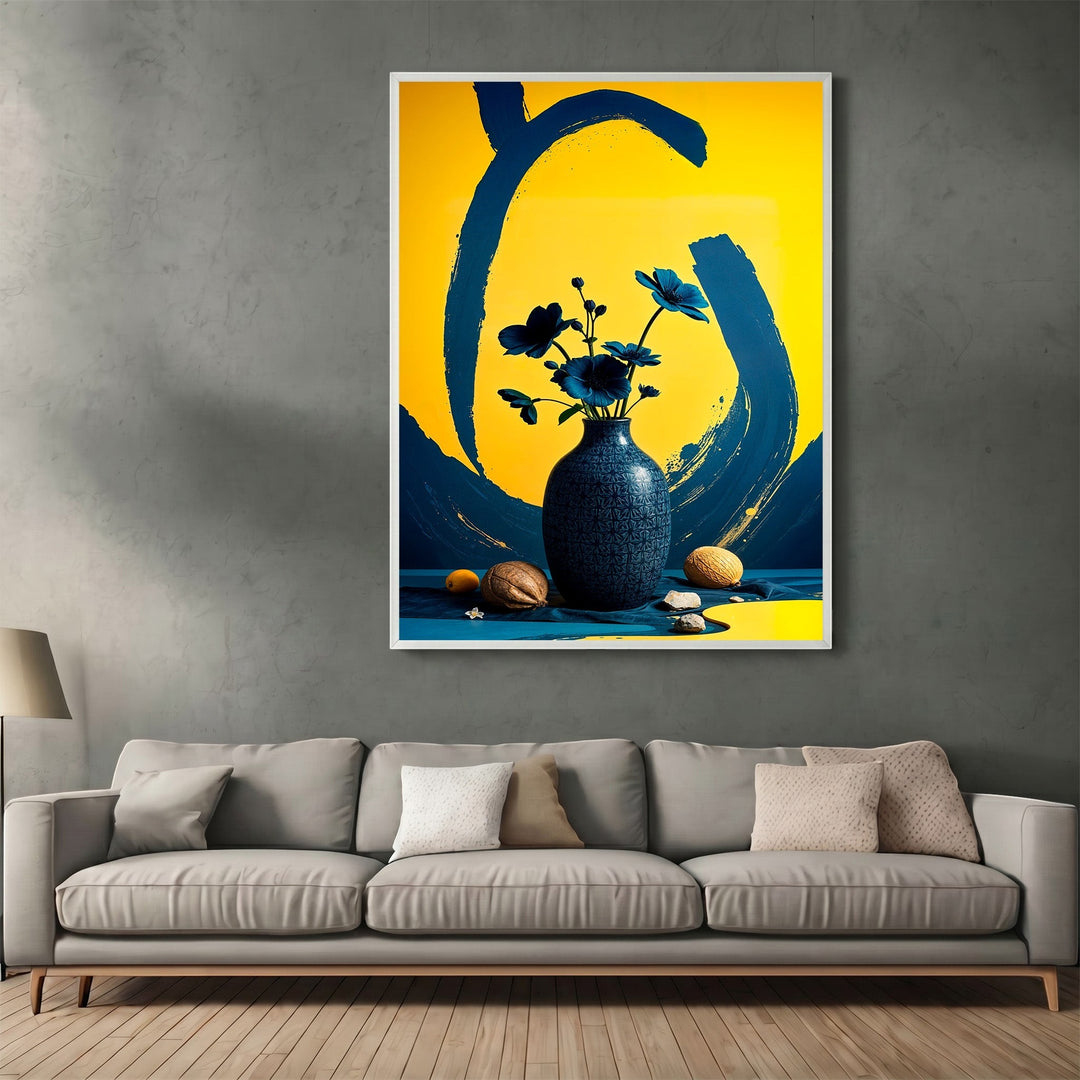 Wadi Home abstract floral still life wall art featuring a navy vase on a vibrant yellow background in a living room.