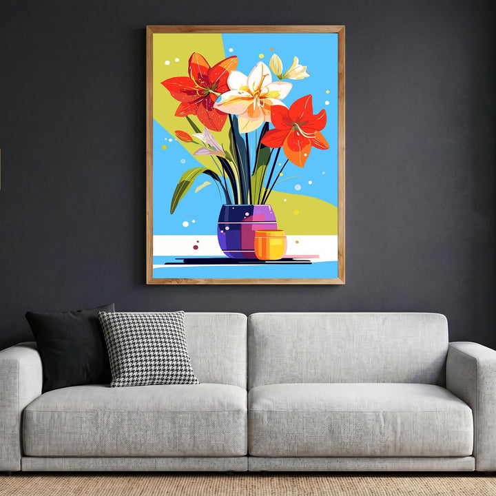 Wadi Home abstract floral wall art print featuring stylized lilies in a vase, displayed in a wooden frame above a sofa.