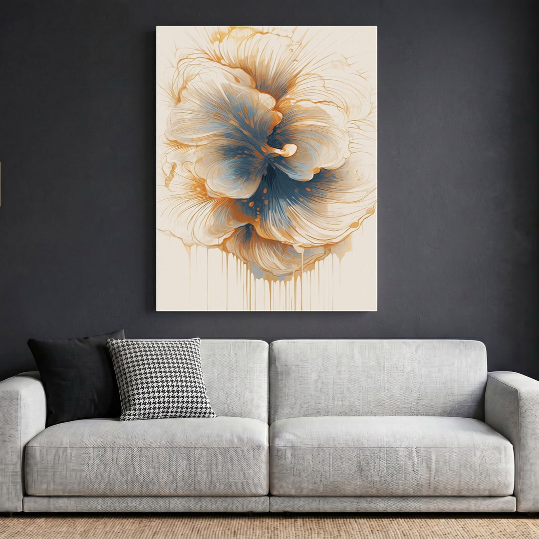 Wadi Home abstract floral wall art print with cream, blue, and amber tones hanging above a modern grey sofa.
