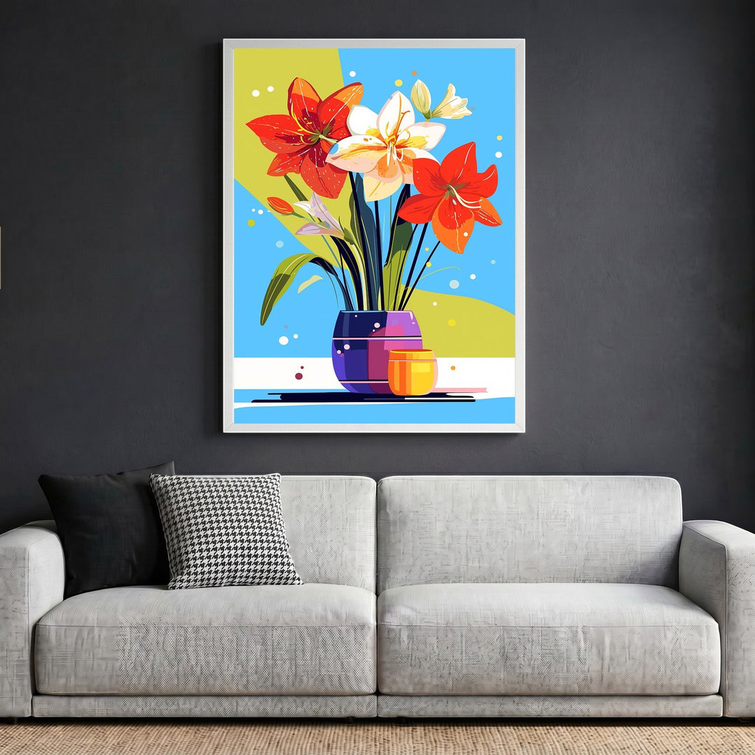 Wadi Home abstract floral still life wall art print with red and white lilies in a vase above a modern grey sofa.