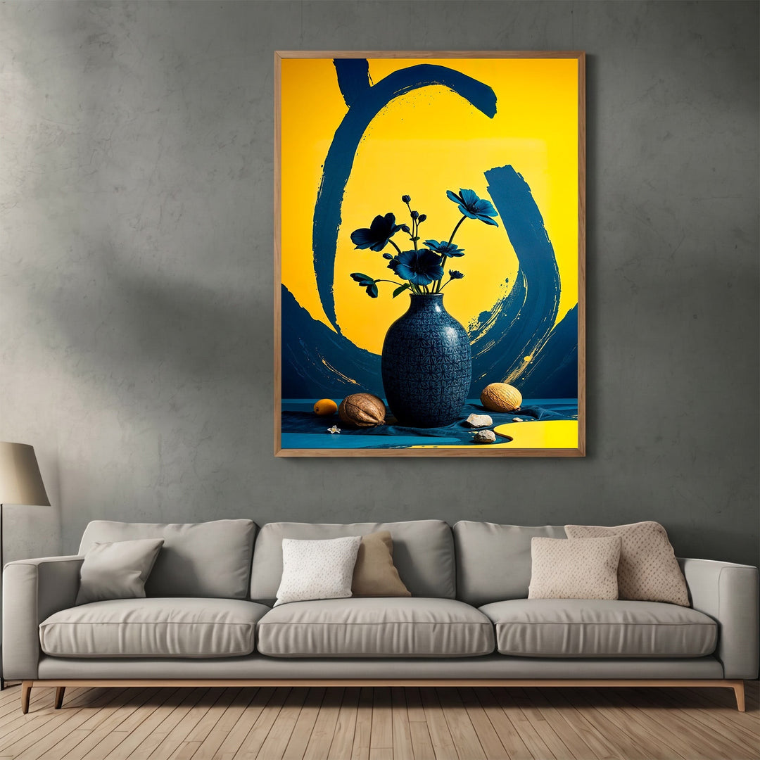 Wadi Home abstract floral still life wall art with navy blue vase on a vibrant yellow background in a modern living room