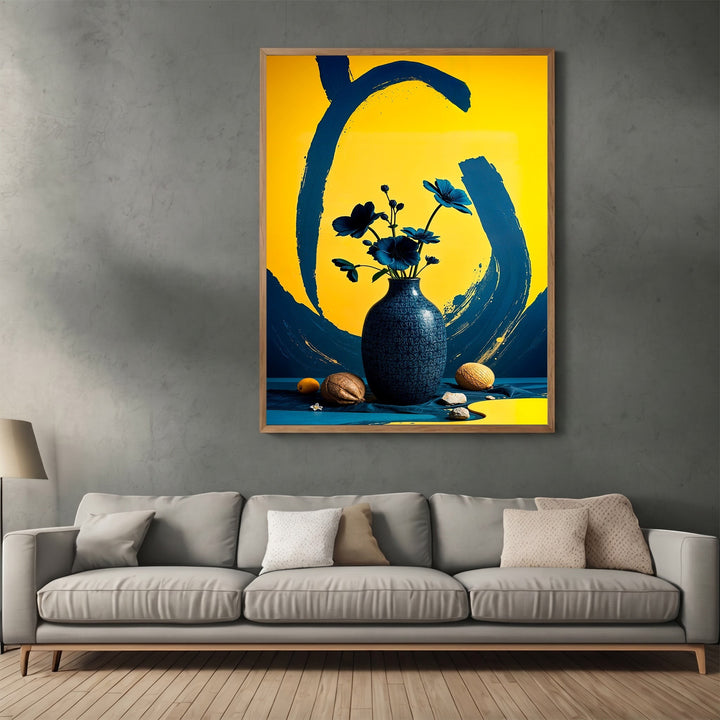 Wadi Home abstract floral still life wall art with navy blue vase on a vibrant yellow background in a modern living room