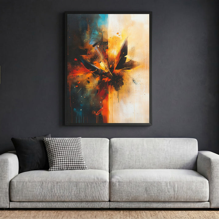 Wadi Home abstract expressionist framed wall art with blue and orange brushwork hanging above a modern grey sofa.